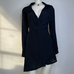 Black Grunge Y2K Long Sleeve Wrap Mini Dress Asymmetric Hem